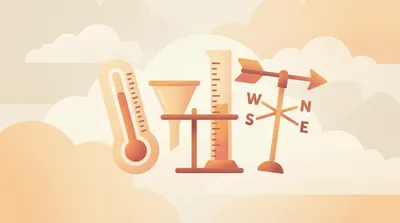Weather tools: thermometer, rain gauge, and wind vane